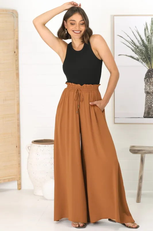 Charli Pants - Paper Bag High Waisted Wide Leg Pants in Rust sold by Salty Crush