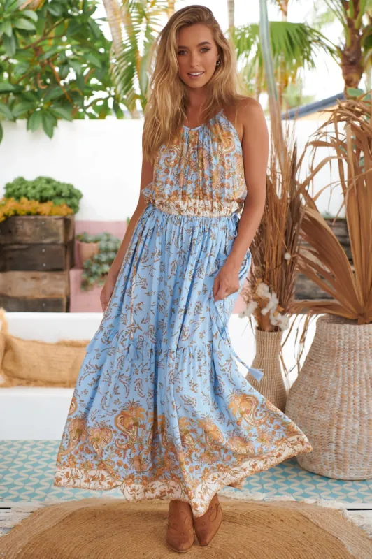 JAASE - Sorrento Maxi Dress: Round Neckline Elasticated Waist Dress in Enchanted Garden Print made by Jaase