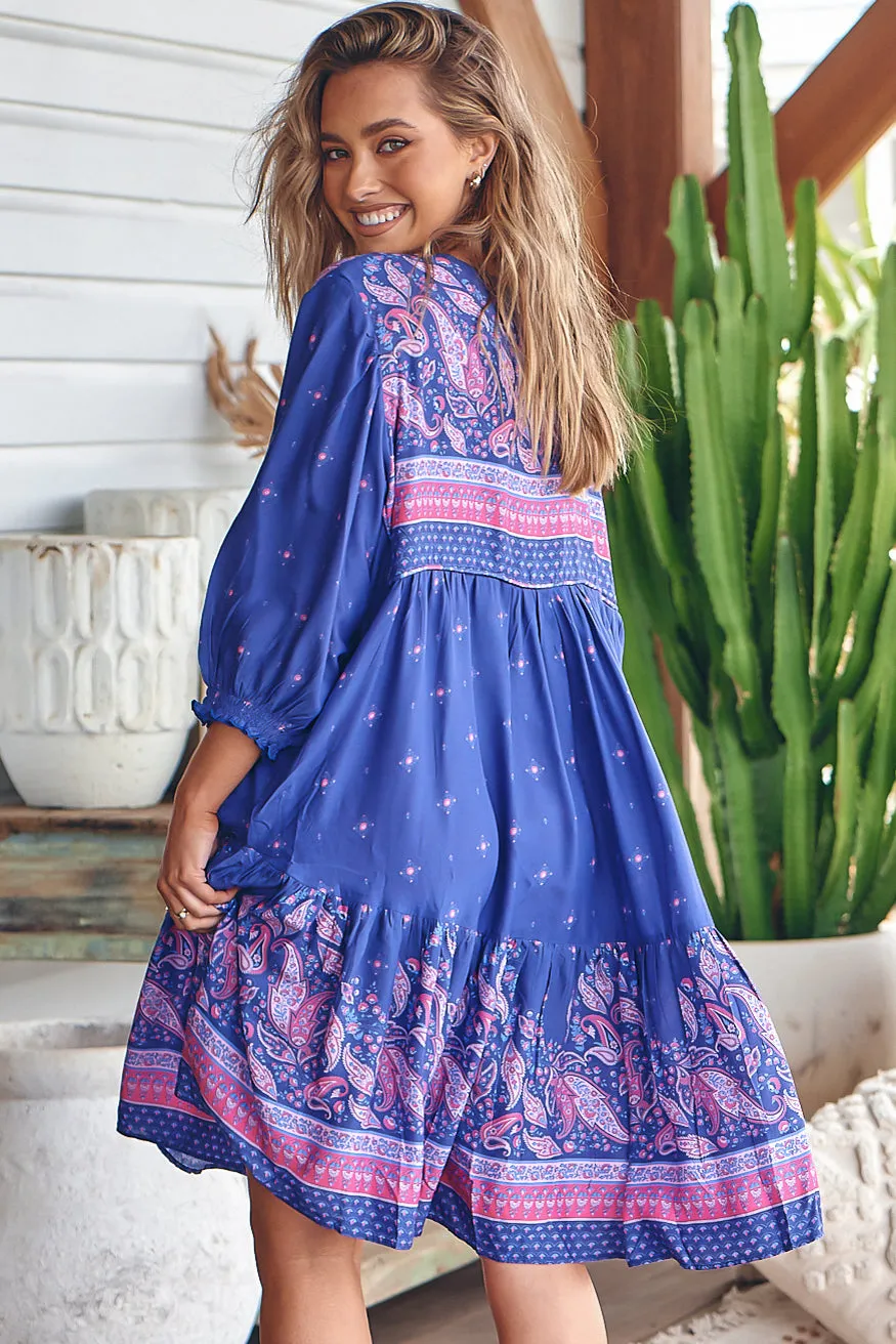 Goldie Mini Dress - Crew Neckline with Tassel Ties Smock Dress in Celestial Print sold by Salty Crush product image thumbnail 3