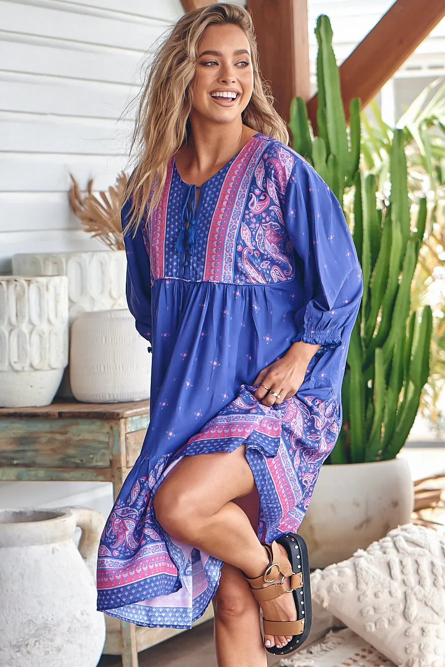 Goldie Mini Dress - Crew Neckline with Tassel Ties Smock Dress in Celestial Print sold by Salty Crush product image thumbnail 4