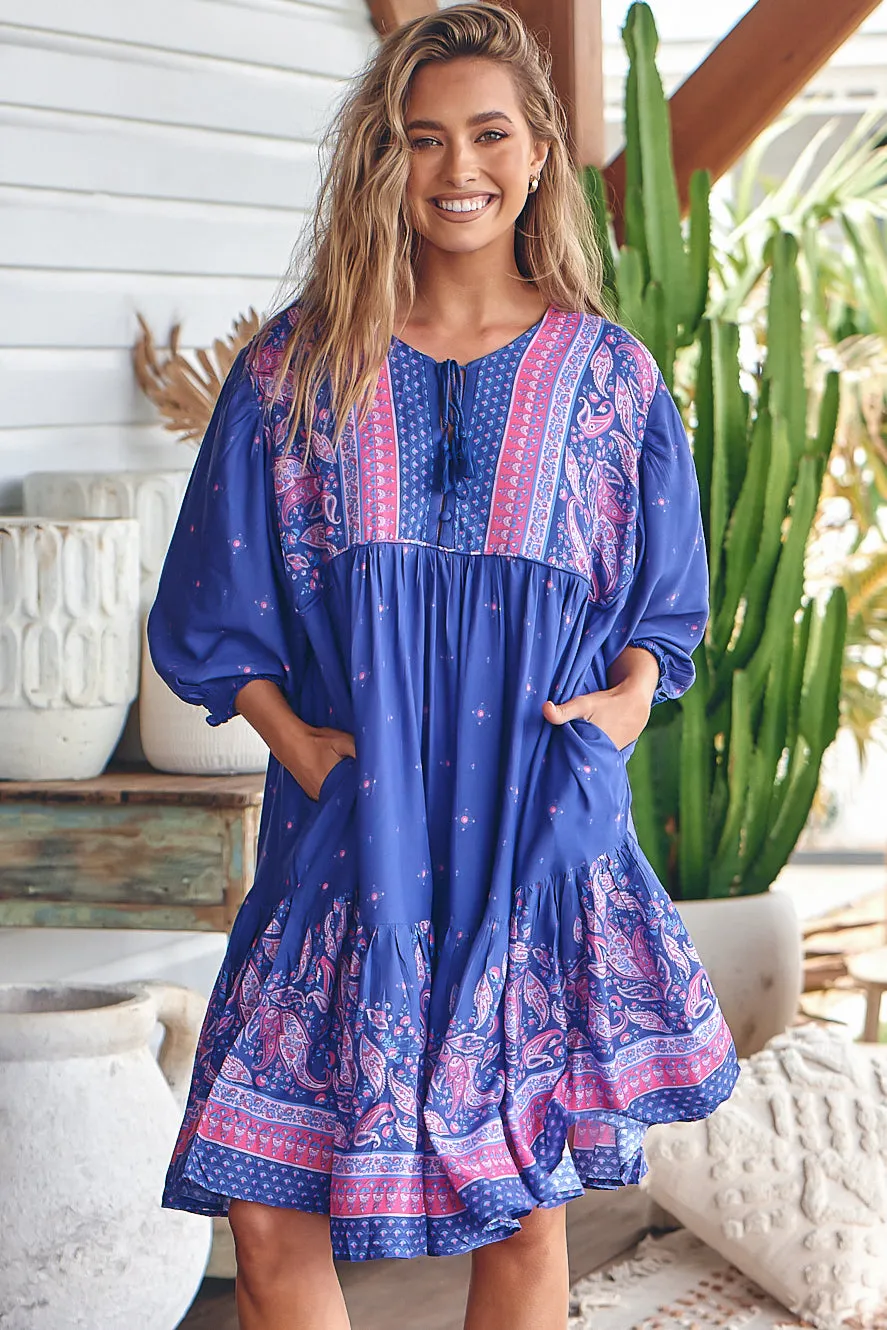 Goldie Mini Dress - Crew Neckline with Tassel Ties Smock Dress in Celestial Print sold by Salty Crush