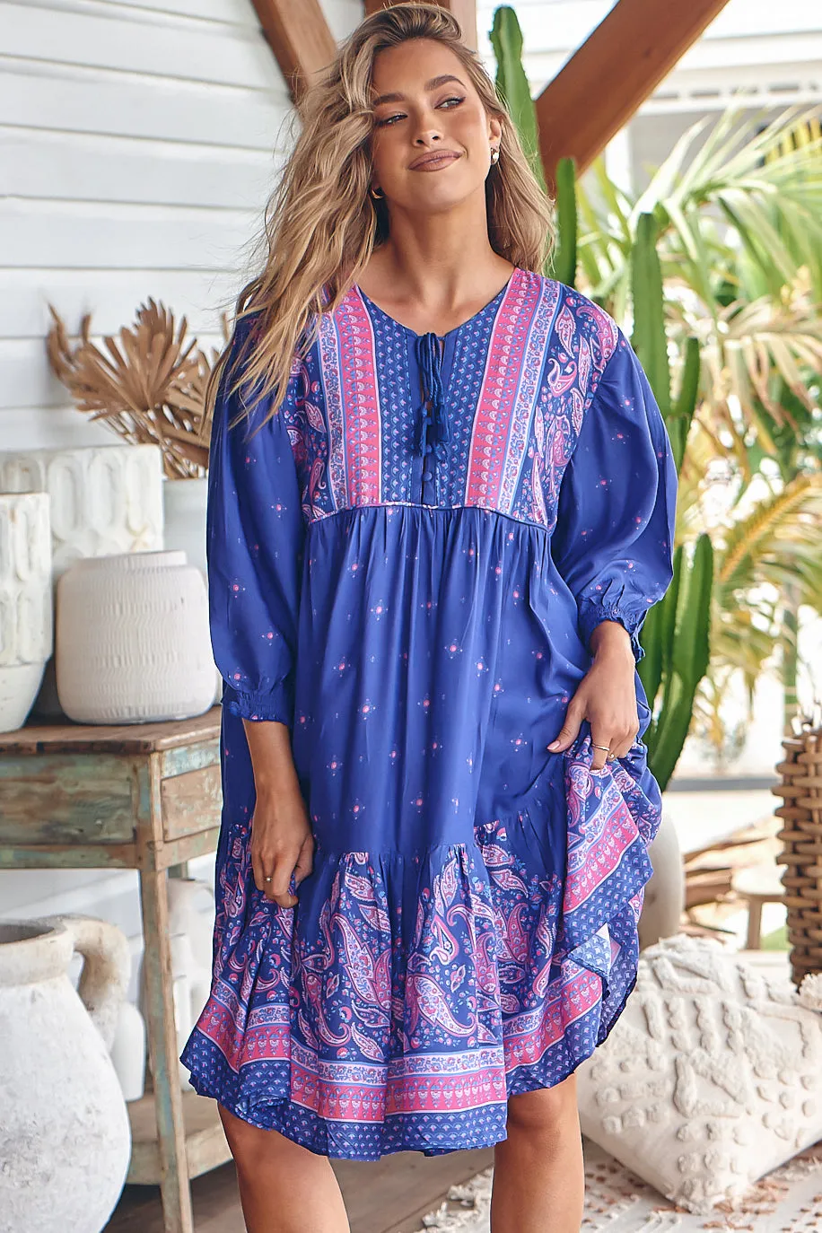 Goldie Mini Dress - Crew Neckline with Tassel Ties Smock Dress in Celestial Print sold by Salty Crush product image thumbnail 5