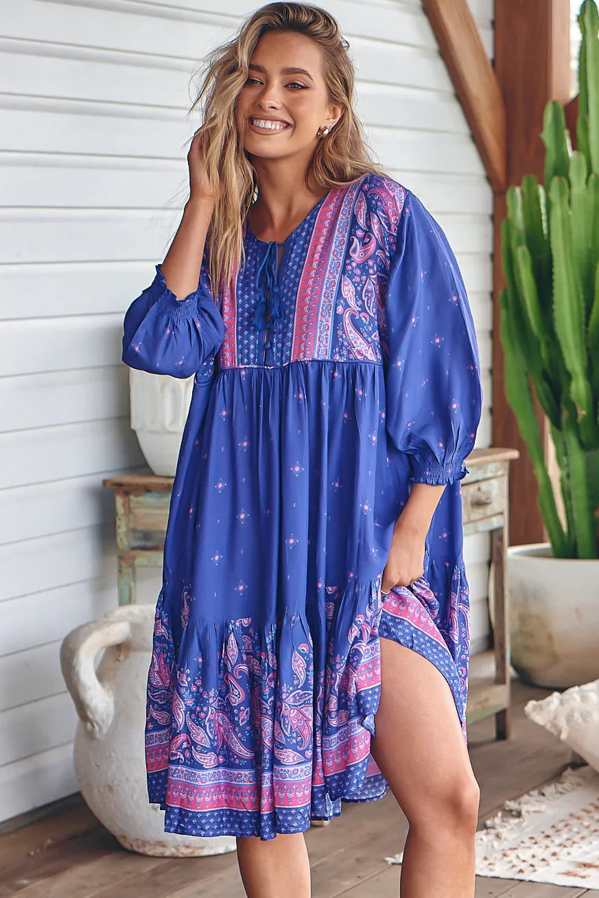 Goldie Mini Dress - Crew Neckline with Tassel Ties Smock Dress in Celestial Print sold by Salty Crush product image thumbnail 2