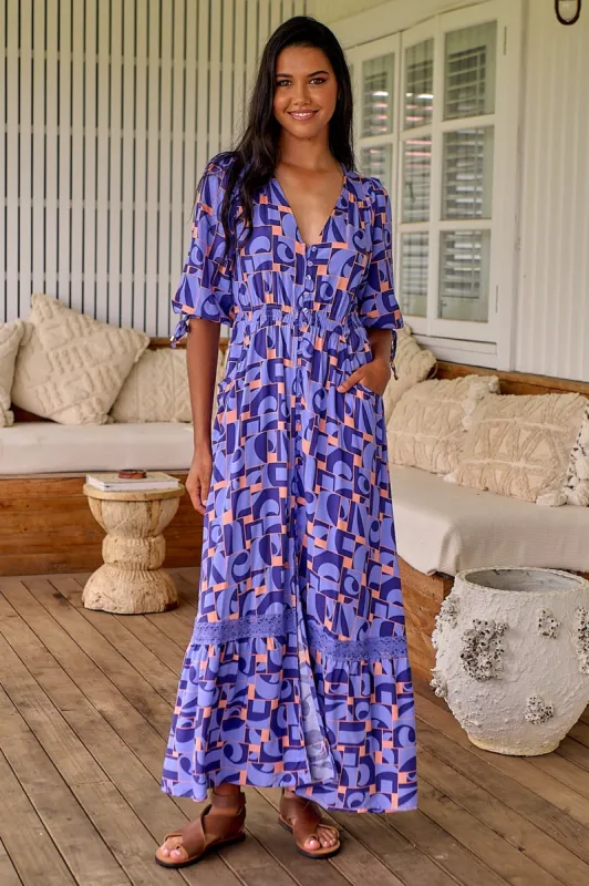 Molli Maxi Dress - Button Down A-Line Dress with Tied Sleeves in Abbi Print sold by Salty Crush