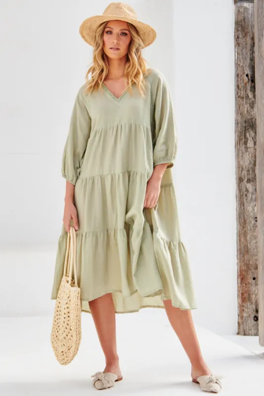 Fonda Midi Dress - V-Neck Tiered Smock Dress with Balloon Sleeves made by Jaase