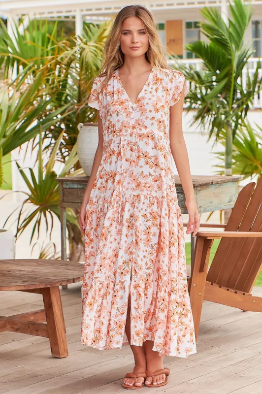 Melissa Maxi Dress - Butterfly Cap Sleeve Drawstring Waist Dress in Prairie Apricot Print sold by Salty Crush