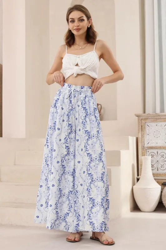 Charli Pants -  Paper Bag High Waisted Wide Leg Pants in Meadow Print sold by Salty Crush