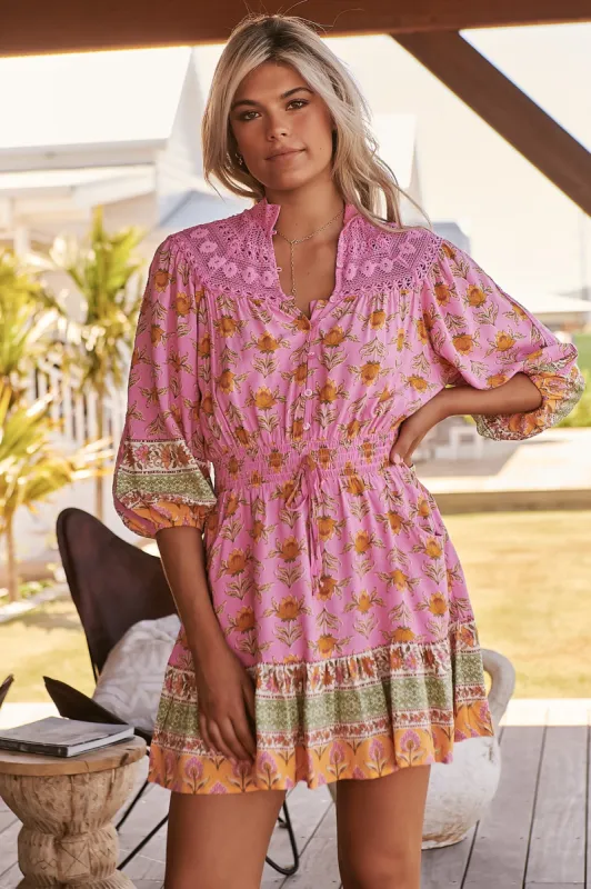 Olivia Mini Dress - Lace Shoulder Detailed A Line Dress in Blushing Meadow Print sold by Salty Crush