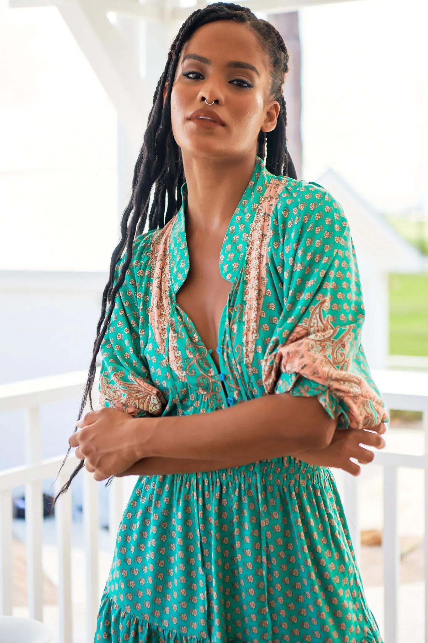 Jasmine Midi Dress - Mandarin Collar U Hemline Midi Dress in Jade Print sold by Salty Crush product image thumbnail 4