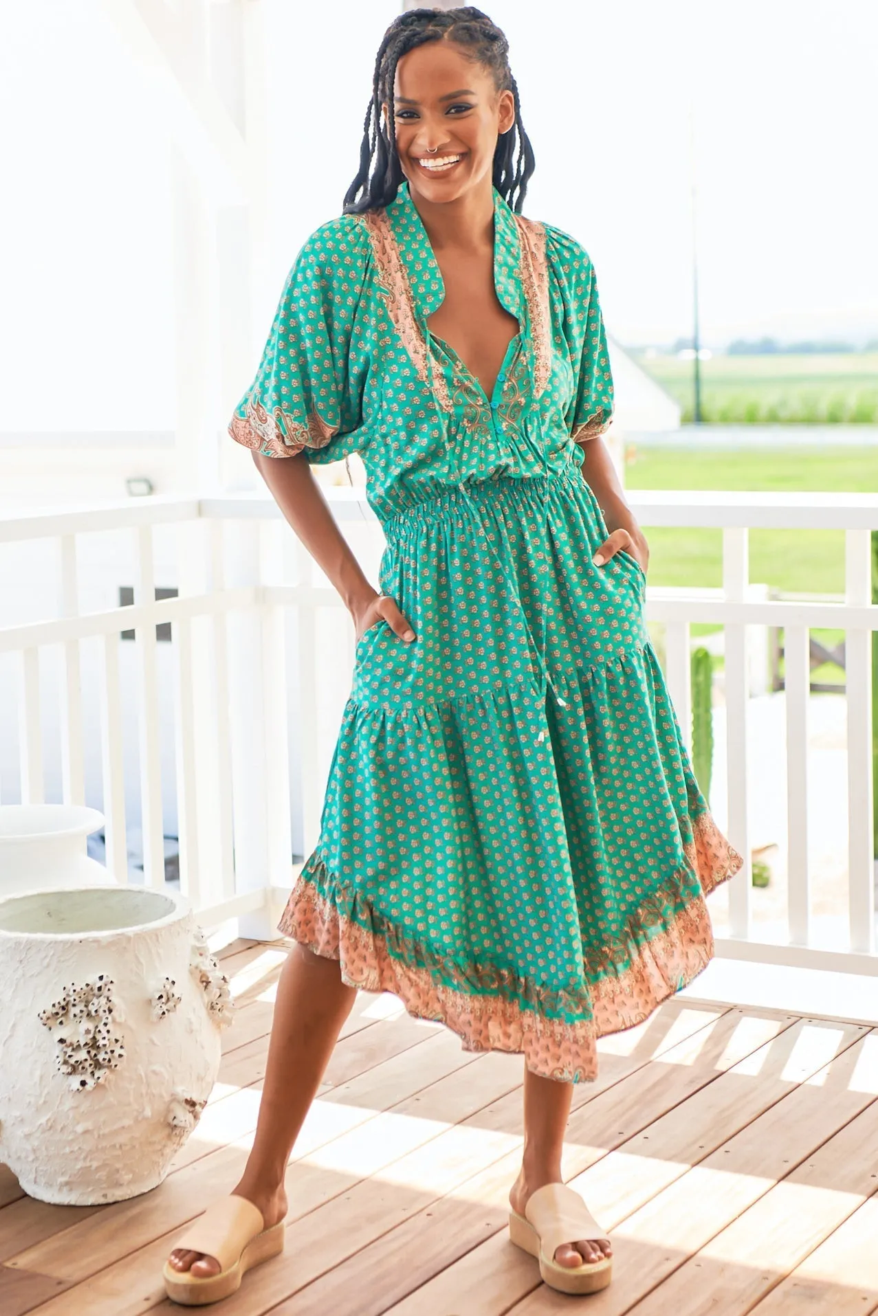 Jasmine Midi Dress - Mandarin Collar U Hemline Midi Dress in Jade Print sold by Salty Crush