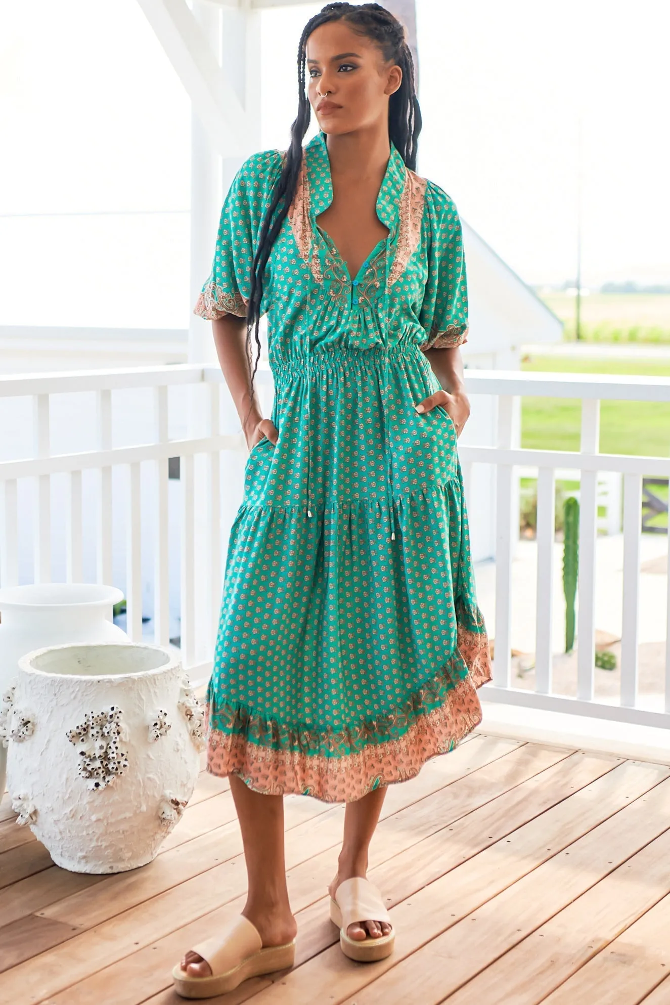 Jasmine Midi Dress - Mandarin Collar U Hemline Midi Dress in Jade Print sold by Salty Crush product image thumbnail 5