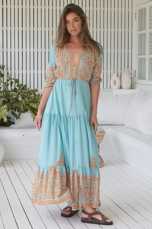 Tessa Maxi Dress - A Line Pull Tie Waist Dress in Arabian Nights Print sold by Salty Crush