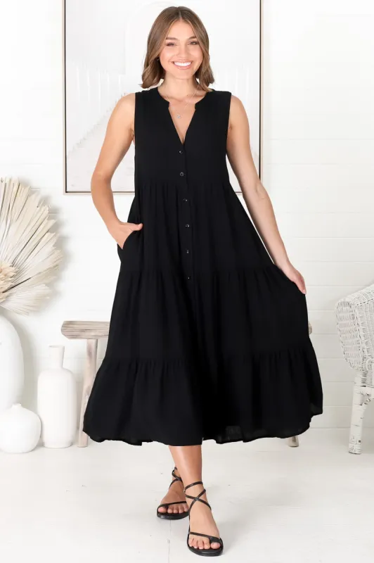 Fifi Linen Midi Dress - Mandarin Collar Sleeveless Button Down Dress in Black sold by Salty Crush