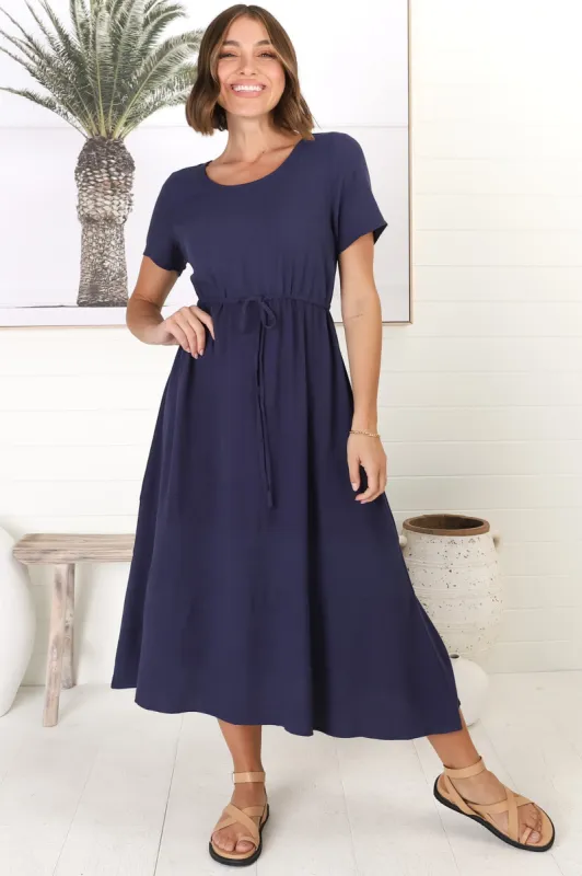Maxine Midi Dress - Cotton A Line Dress with Pull Tie Waist in Navy sold by Salty Crush