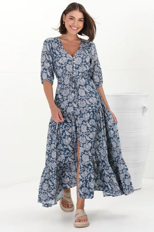 Rachel Maxi Dress - V-Neck 3/4 Sleeve Pull Tie Waist Tiered Dress in Brulette Print Blue sold by Salty Crush