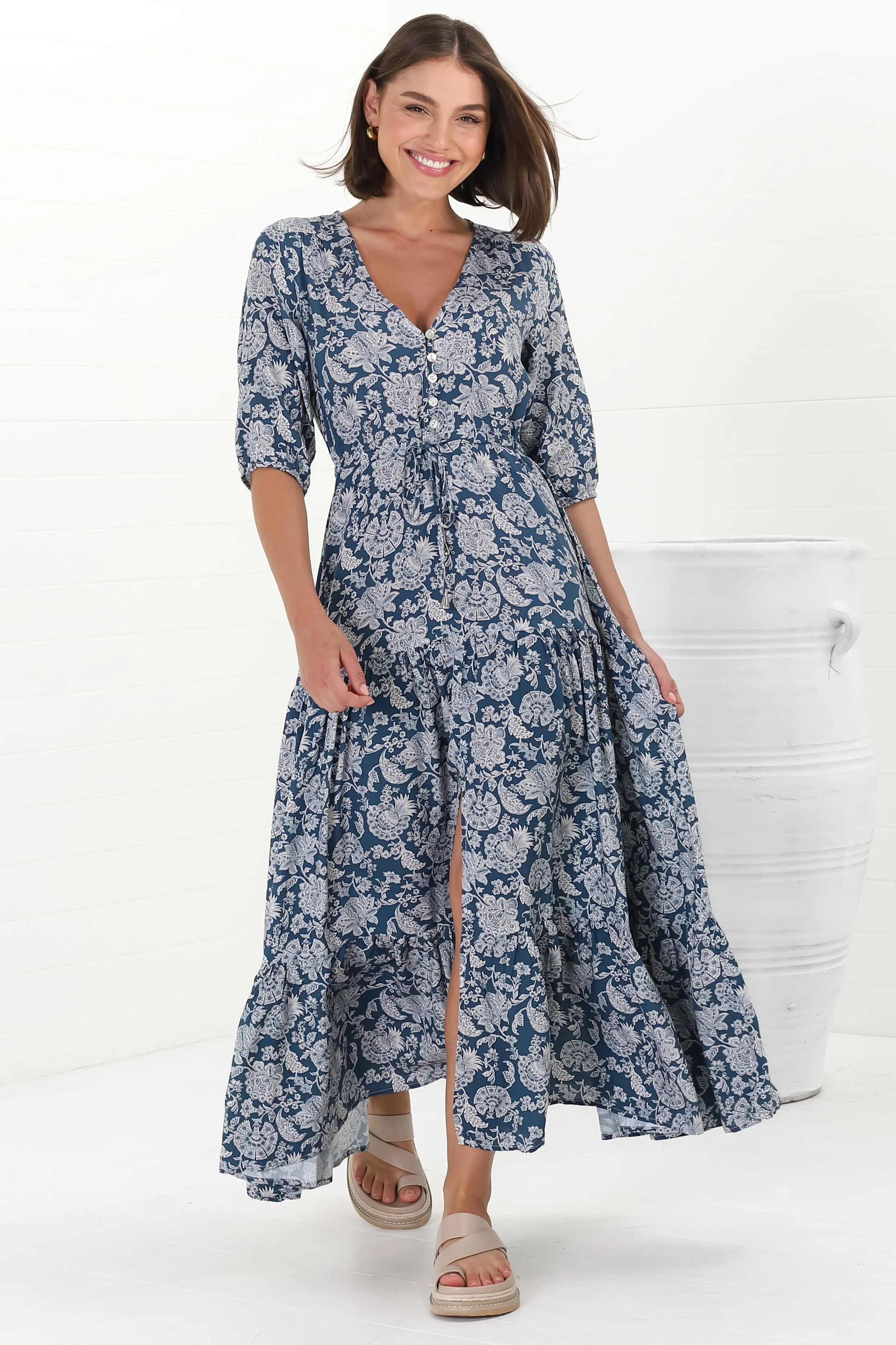 Rachel Maxi Dress - V-Neck 3/4 Sleeve Pull Tie Waist Tiered Dress in Brulette Print Blue sold by Salty Crush