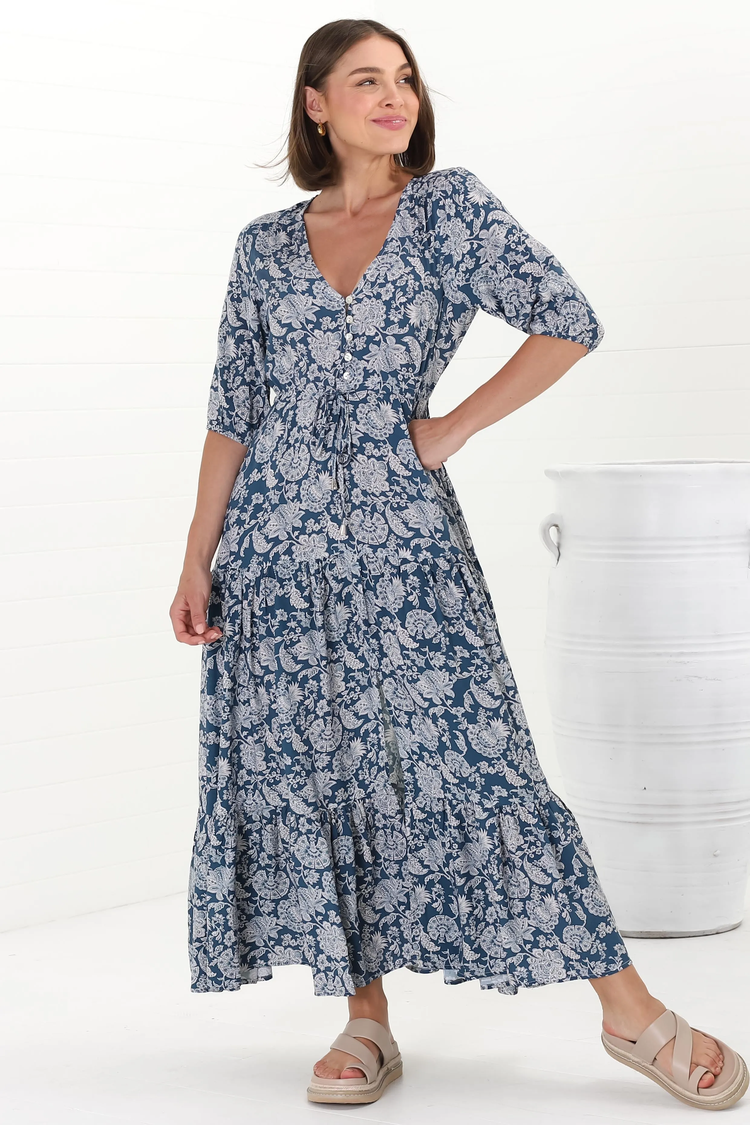 Rachel Maxi Dress - V-Neck 3/4 Sleeve Pull Tie Waist Tiered Dress in Brulette Print Blue sold by Salty Crush product image thumbnail 3