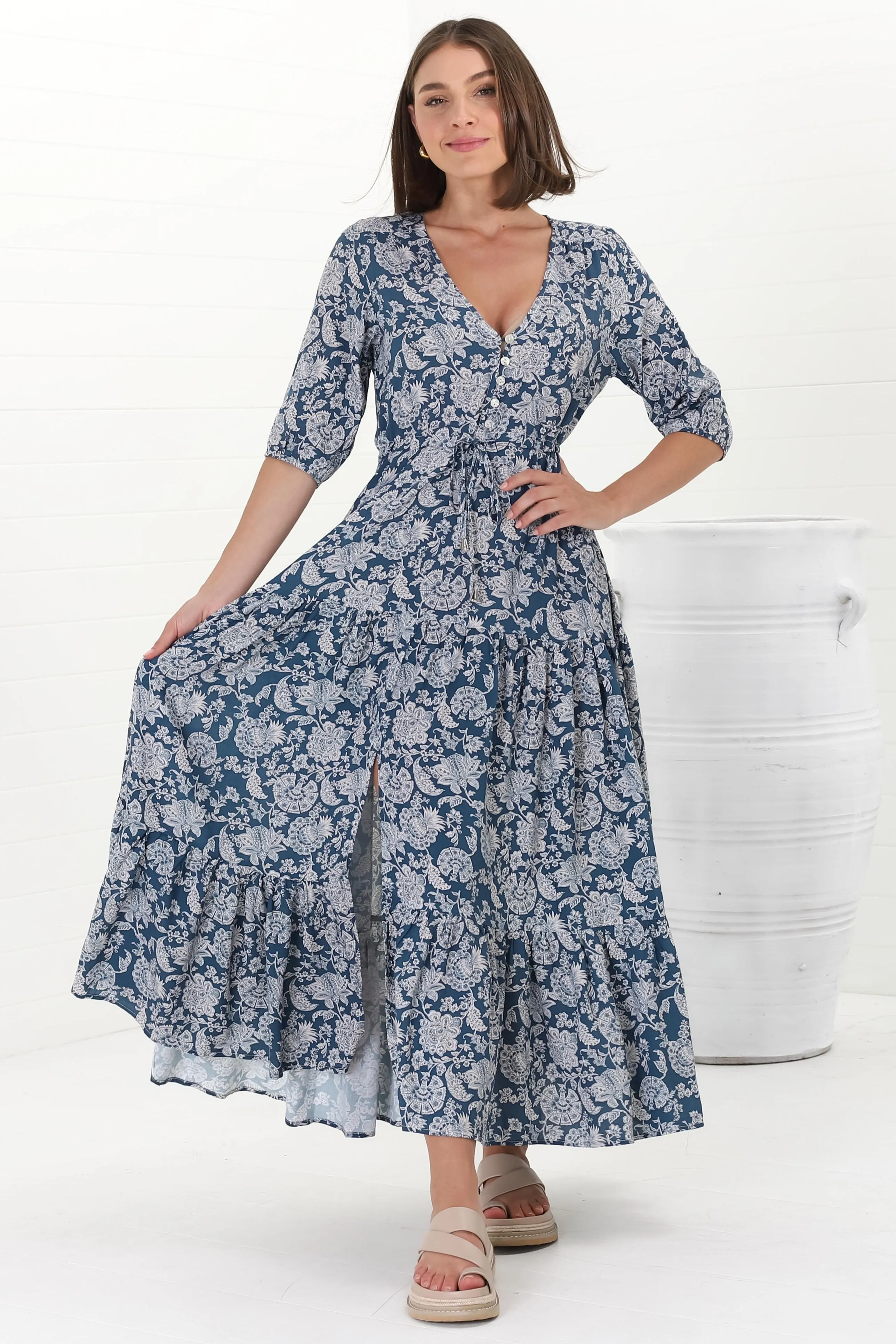 Rachel Maxi Dress - V-Neck 3/4 Sleeve Pull Tie Waist Tiered Dress in Brulette Print Blue sold by Salty Crush product image thumbnail 4