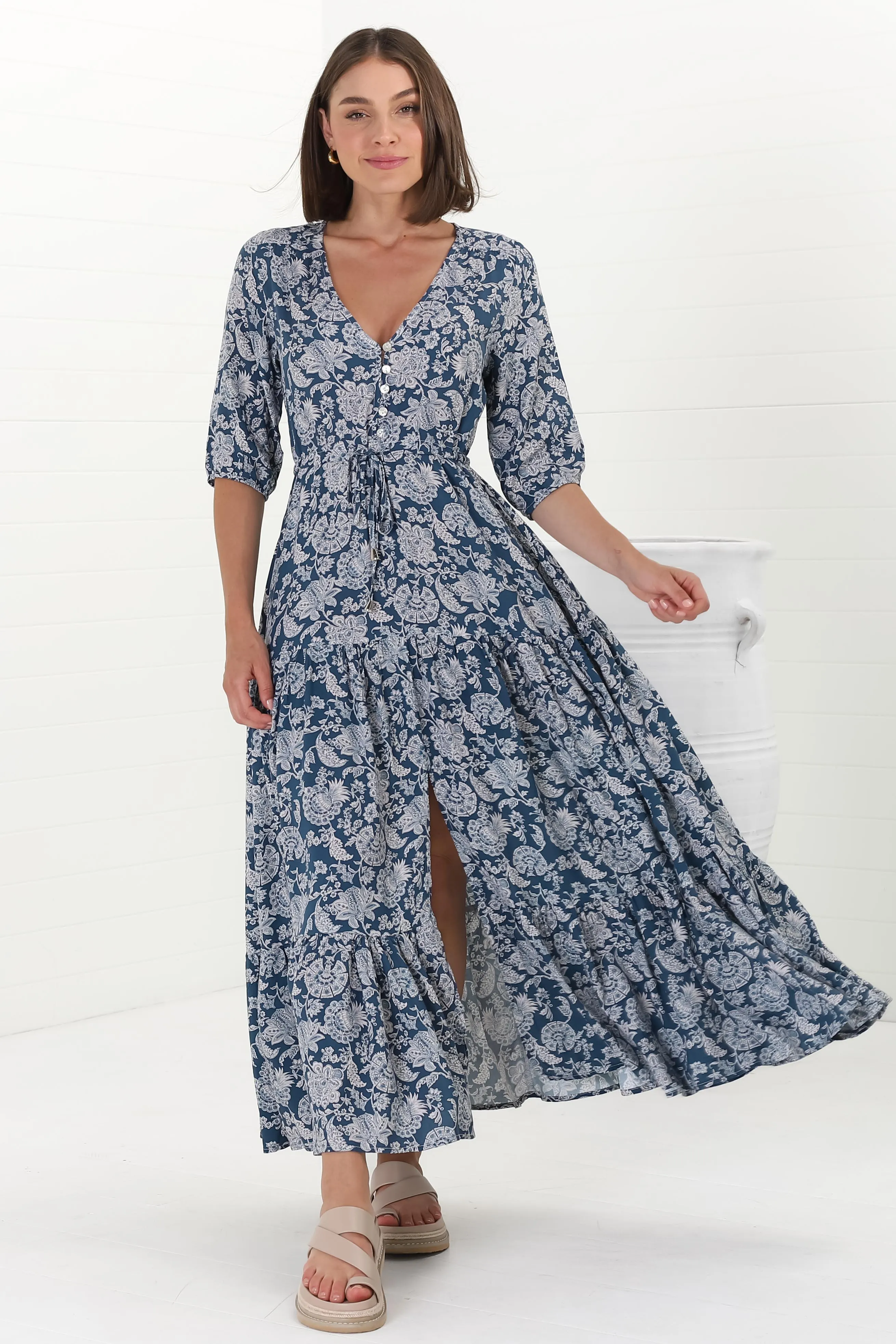 Rachel Maxi Dress - V-Neck 3/4 Sleeve Pull Tie Waist Tiered Dress in Brulette Print Blue sold by Salty Crush product image thumbnail 5