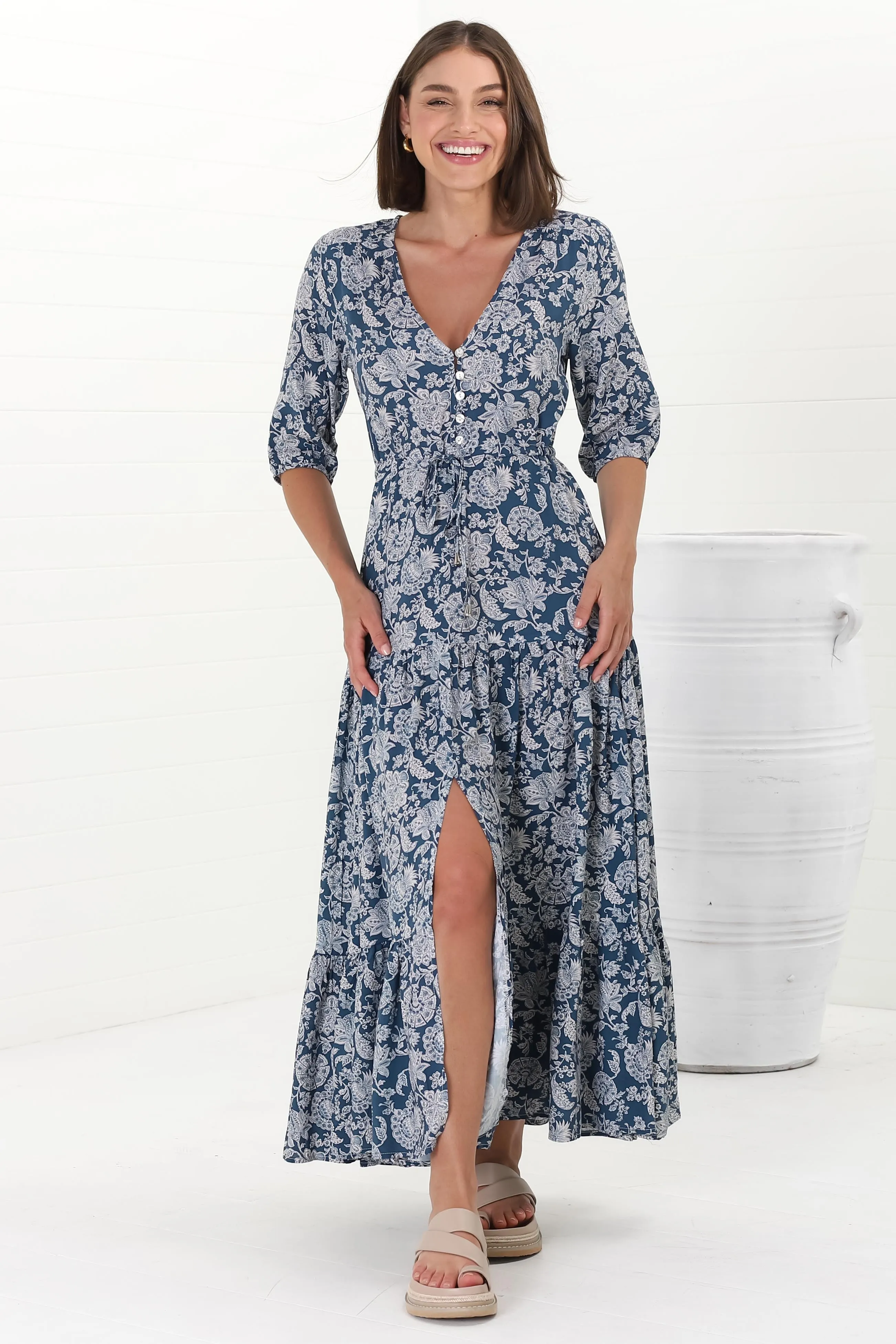 Rachel Maxi Dress - V-Neck 3/4 Sleeve Pull Tie Waist Tiered Dress in Brulette Print Blue sold by Salty Crush product image thumbnail 2