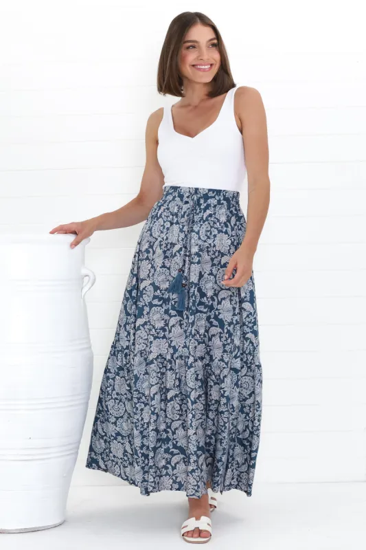 Hellen Maxi Skirt - High Waisted Skirt with Front Splits in Brulette Print Blue sold by Salty Crush
