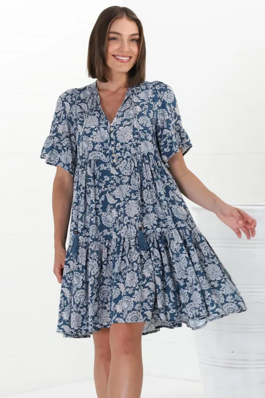Abilia Mini Dress - Mandarin Collar Buttoned Bodice Smock Dress in Brulette Print Blue sold by Salty Crush