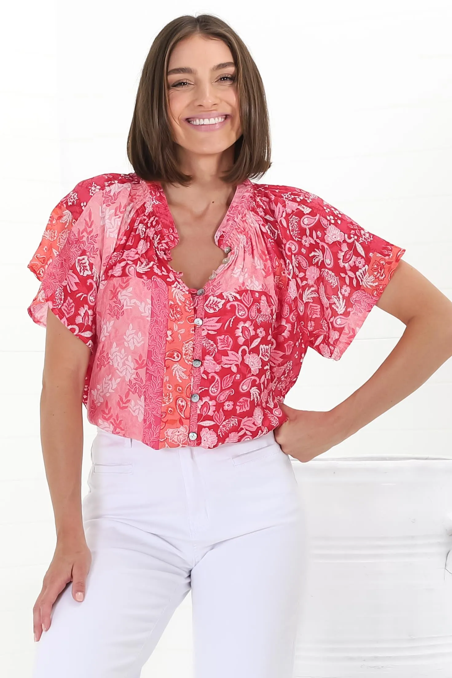 Daisy Blouse - Mandarin Collar Button Down Scoop Hem Blouse in Ita Print Pink sold by Salty Crush