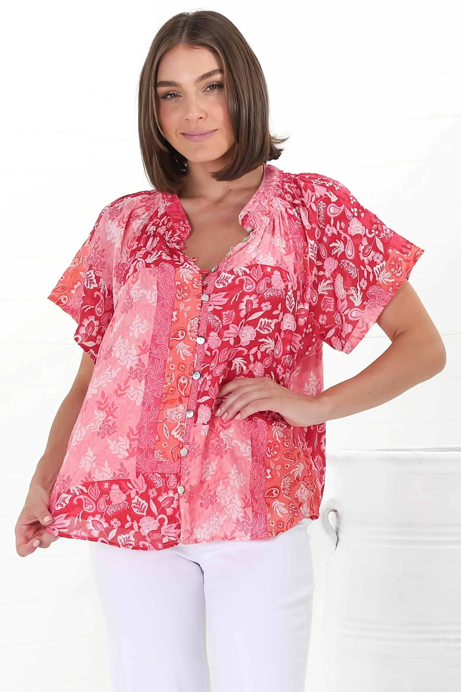 Daisy Blouse - Mandarin Collar Button Down Scoop Hem Blouse in Ita Print Pink sold by Salty Crush product image thumbnail 4