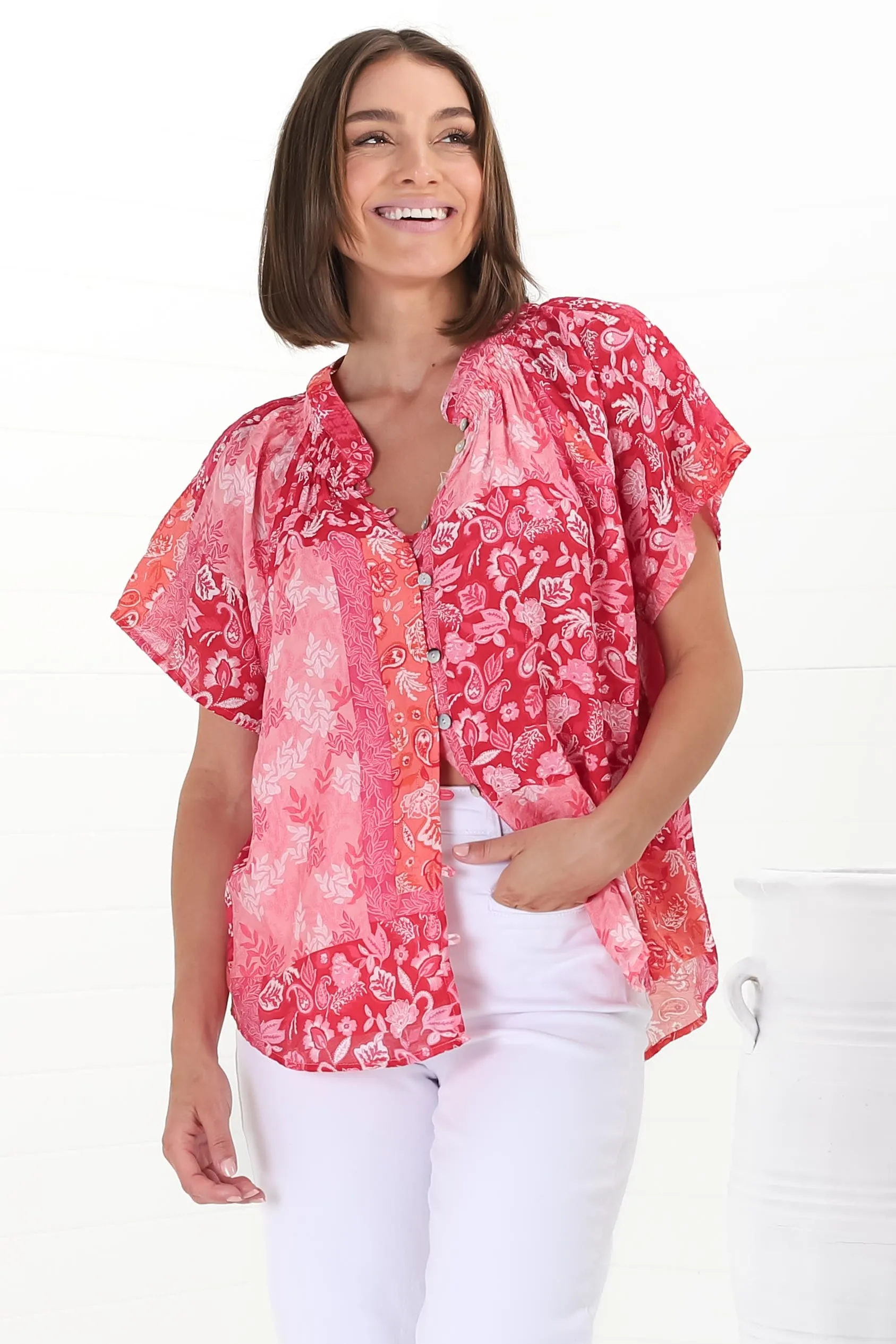 Daisy Blouse - Mandarin Collar Button Down Scoop Hem Blouse in Ita Print Pink sold by Salty Crush product image thumbnail 2
