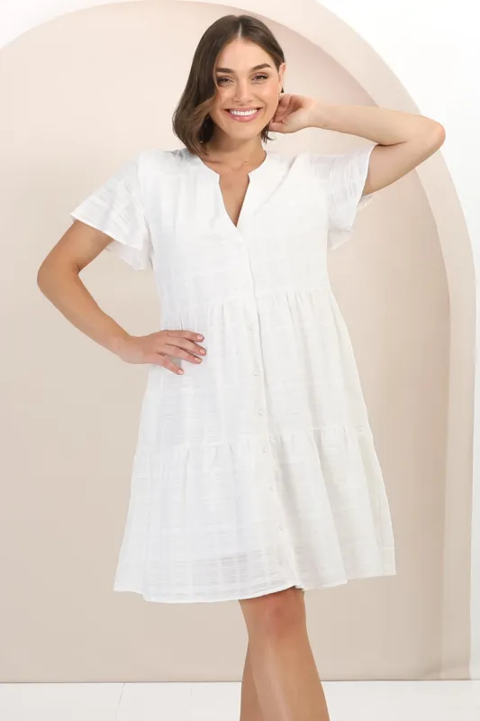 Wilma Cotton Mini Dress - Bermuda Collar Button Down Dress with Cap Sleeves in White sold by Salty Crush