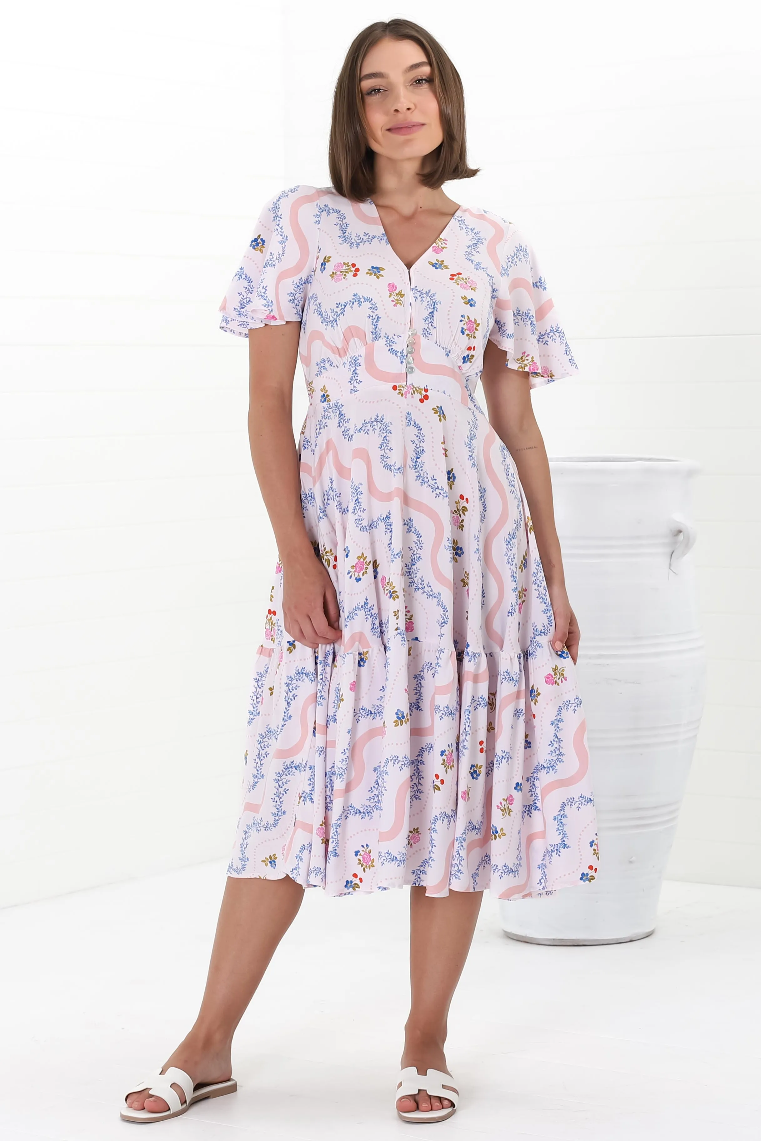 Odette Midi Dress - Flutter Cap Sleeve Button Waist A Line Dress in Annabelle Print sold by Salty Crush product image thumbnail 2