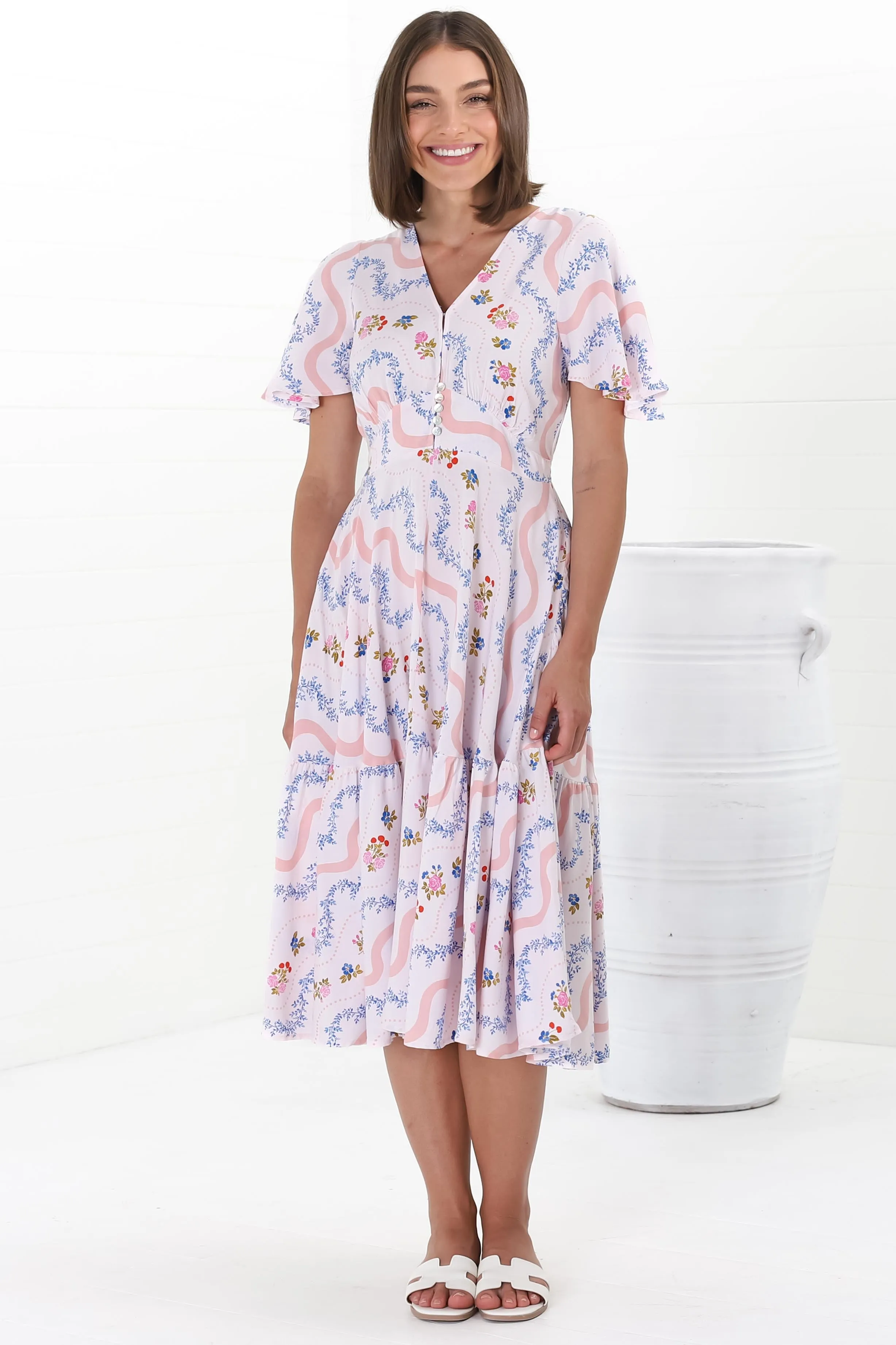 Odette Midi Dress - Flutter Cap Sleeve Button Waist A Line Dress in Annabelle Print sold by Salty Crush product image thumbnail 5