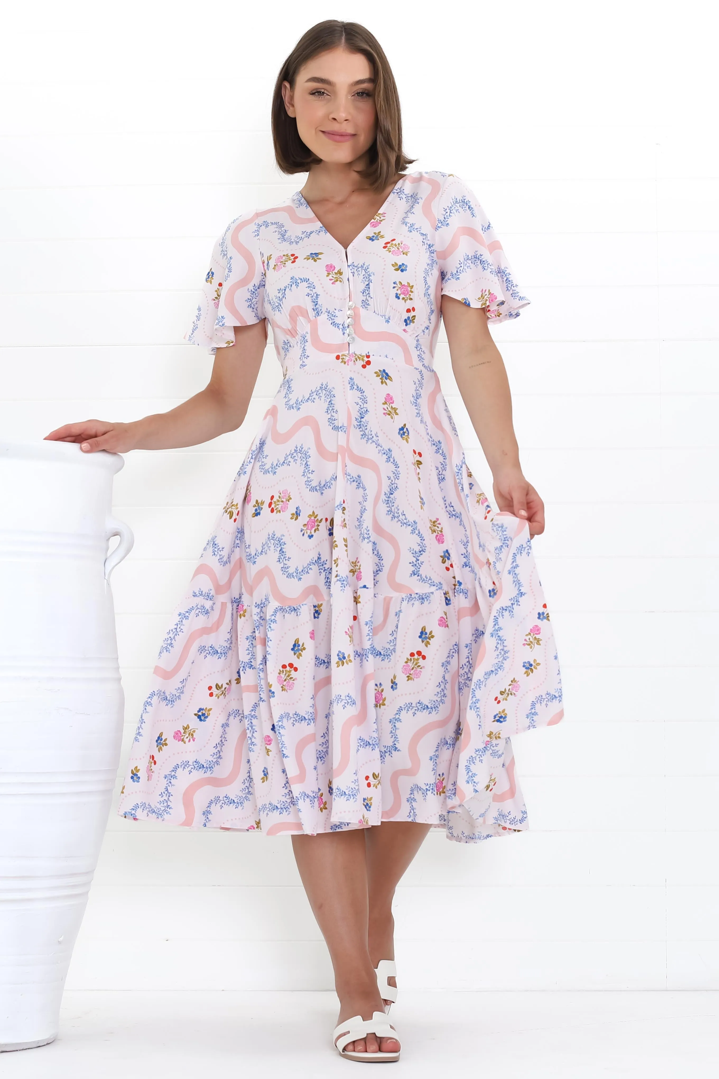 Odette Midi Dress - Flutter Cap Sleeve Button Waist A Line Dress in Annabelle Print sold by Salty Crush