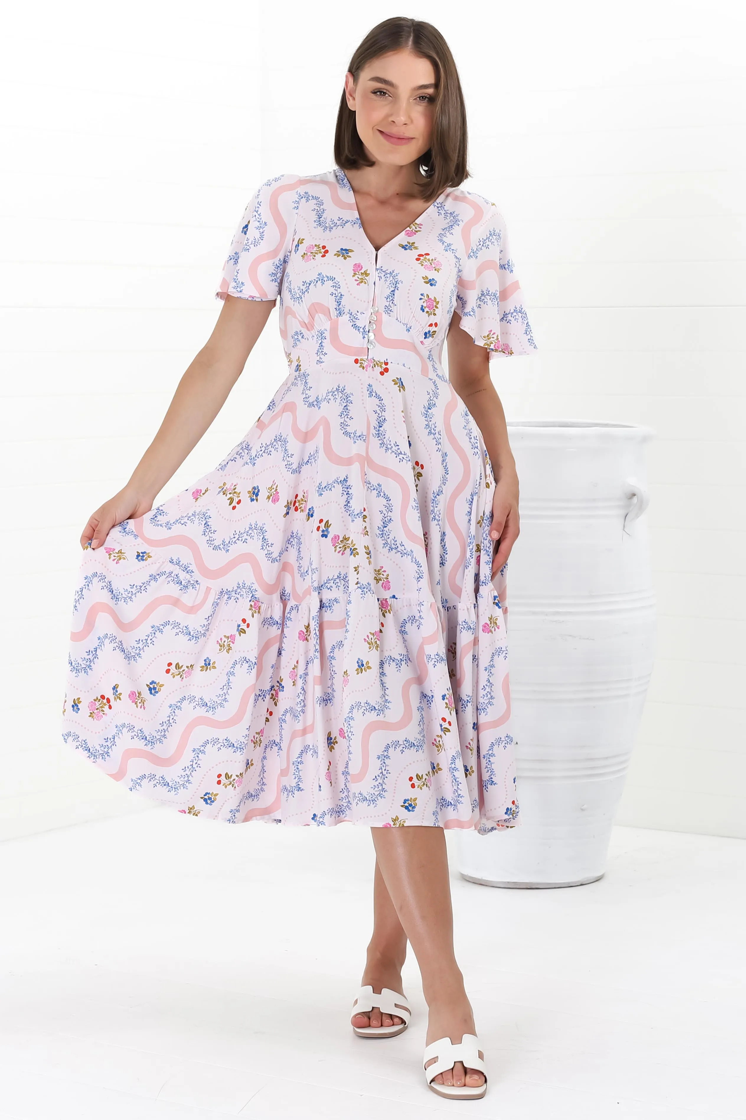 Odette Midi Dress - Flutter Cap Sleeve Button Waist A Line Dress in Annabelle Print sold by Salty Crush product image thumbnail 4