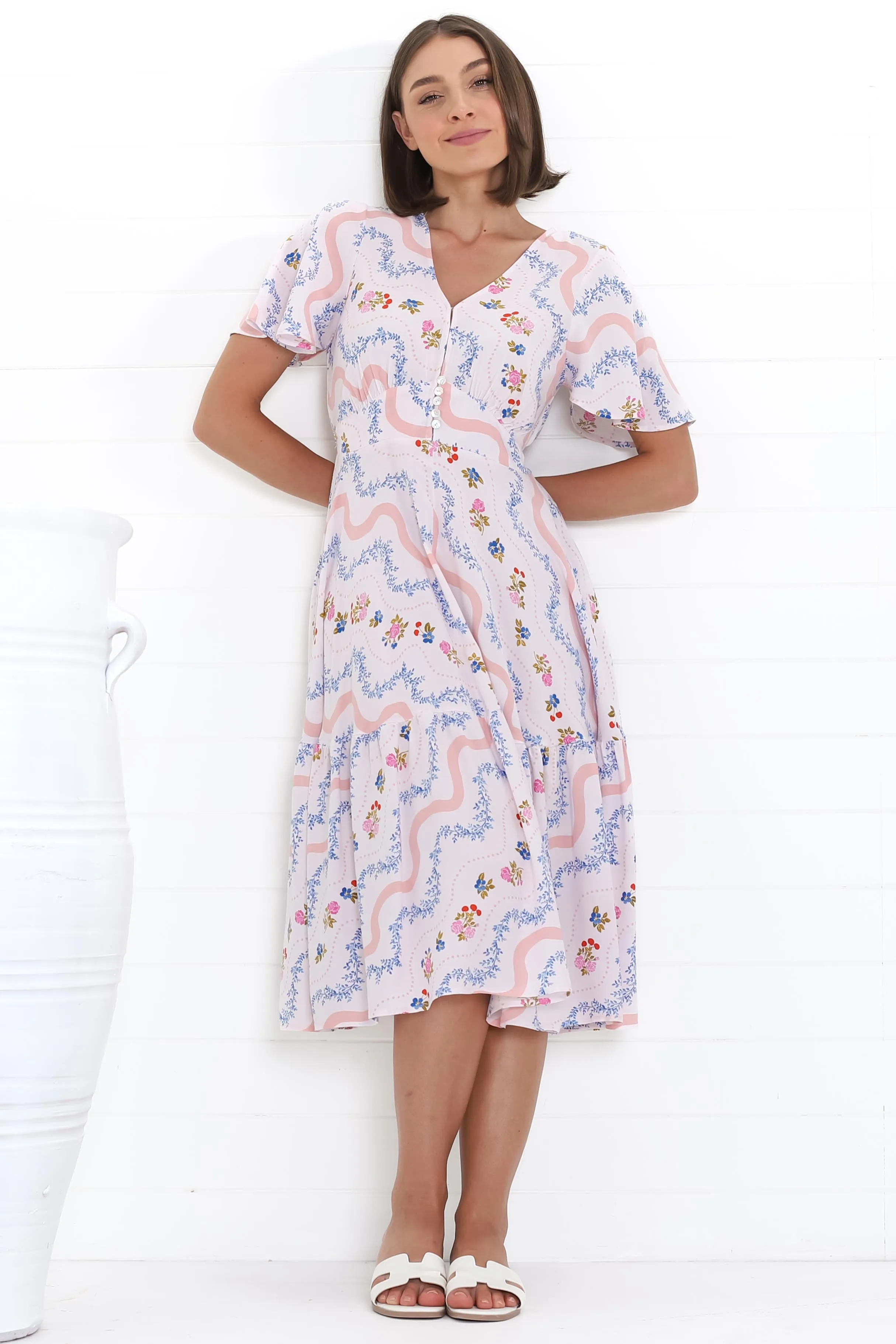 Odette Midi Dress - Flutter Cap Sleeve Button Waist A Line Dress in Annabelle Print sold by Salty Crush product image thumbnail 3
