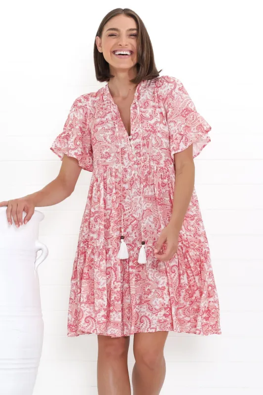 Abilia Mini Dress - Mandarin Collar Smock Dress in Henrietta Print Pink sold by Salty Crush