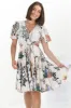 Elle Mini Dress - Buttoned Bodice A-Line Dress with Flute Sleeves in Raven Print White sold by Salty Crush