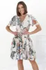 Elle Mini Dress - Buttoned Bodice A-Line Dress with Flute Sleeves in Raven Print White sold by Salty Crush