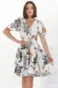 Elle Mini Dress - Buttoned Bodice A-Line Dress with Flute Sleeves in Raven Print White sold by Salty Crush