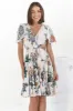 Elle Mini Dress - Buttoned Bodice A-Line Dress with Flute Sleeves in Raven Print White sold by Salty Crush