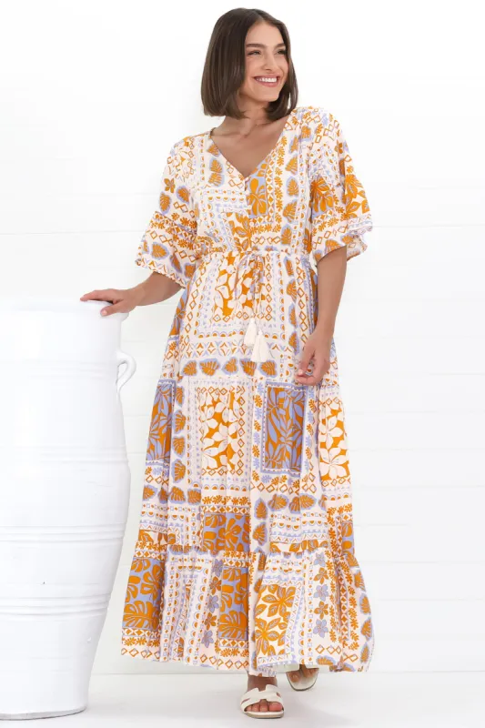 Rae Maxi Dress - Buttoned Bodice Pull Waist A Line Dress in Alphy Print Terracotta sold by Salty Crush