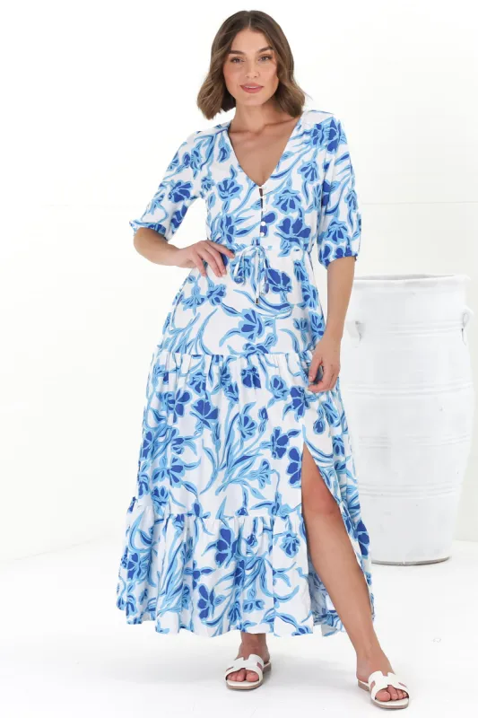Rachel Maxi Dress - V-Neck 3/4 Sleeve Pull Tie Waist Tiered Dress in Braley Print Blue sold by Salty Crush