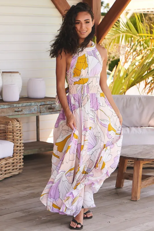 JAASE - Endless Maxi Dress: Halter Crochet Detailed Dress in Lavender Swirl Print sold by Salty Crush