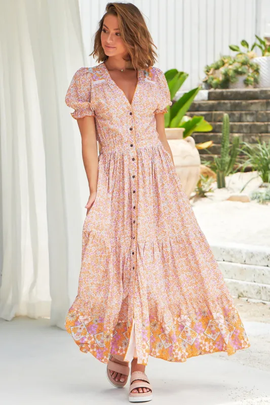 Jean Maxi Dress: Button Down Pull Sleeve Tiered Dress in Forget Me Not Print sold by Salty Crush