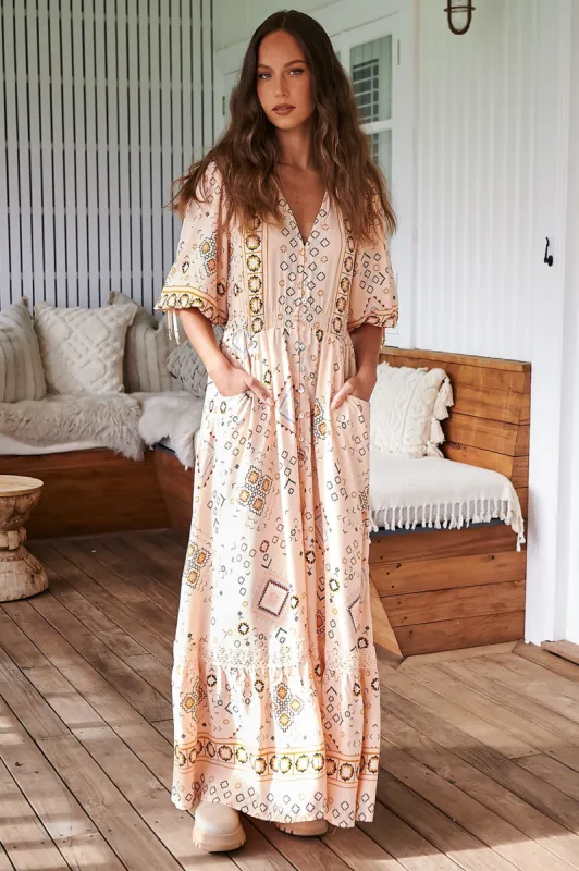 JAASE - Molli Maxi Dress: Button Down A-Line Dress with Tied Sleeves in Elsie Print sold by Salty Crush
