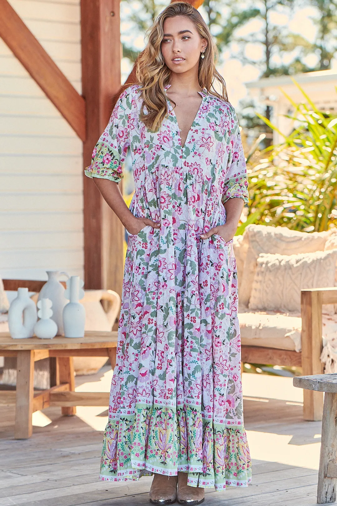 JAASE - Tillie Maxi Dress: Relaxed Tiered Dress with V Neckline in Sakura Print sold by Salty Crush product image thumbnail 2