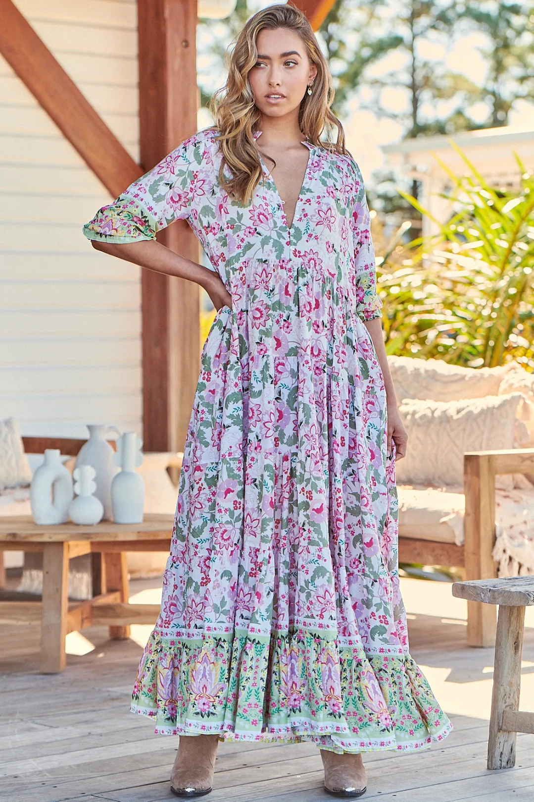 JAASE - Tillie Maxi Dress: Relaxed Tiered Dress with V Neckline in Sakura Print sold by Salty Crush product image thumbnail 3