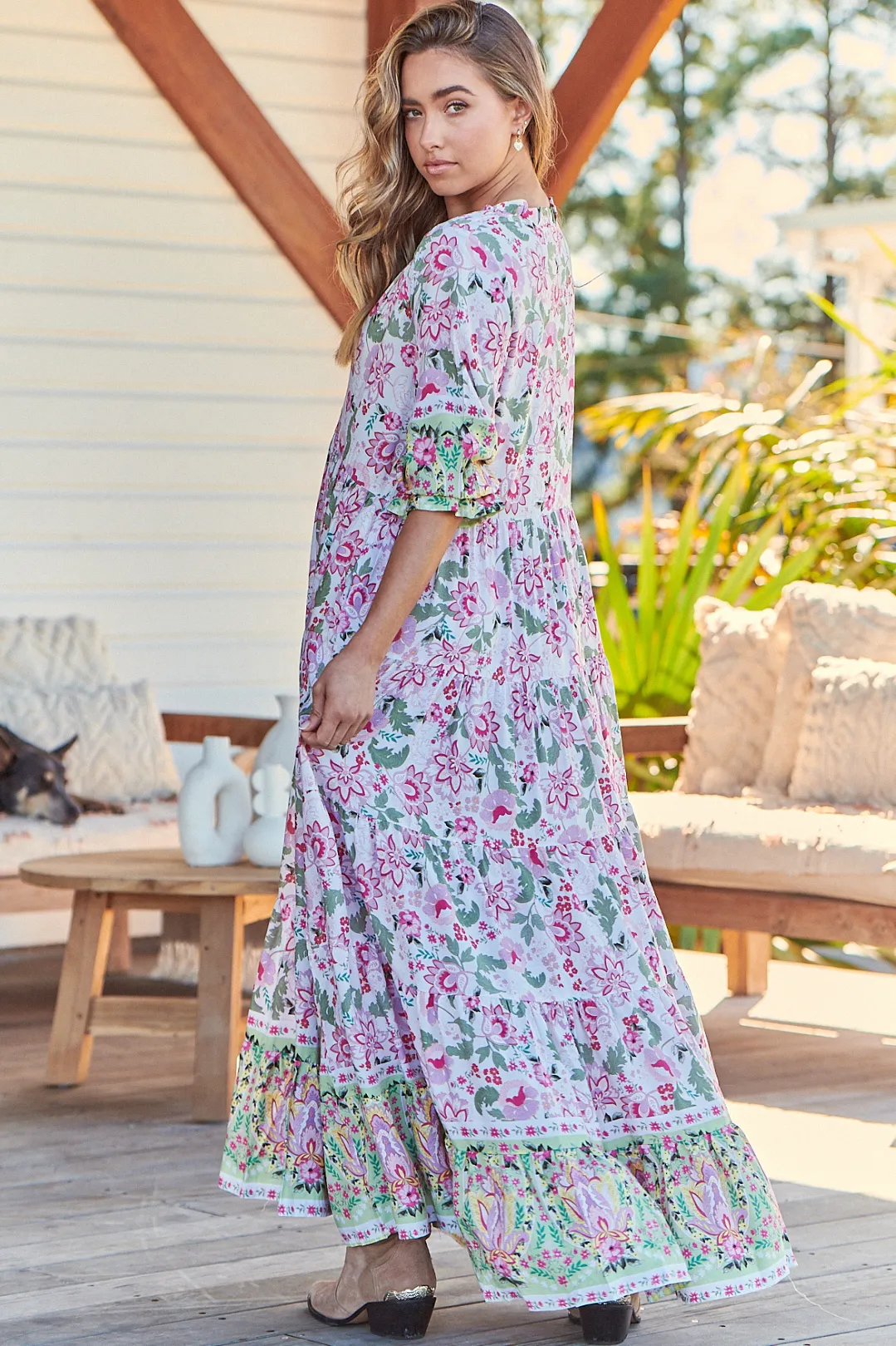 JAASE - Tillie Maxi Dress: Relaxed Tiered Dress with V Neckline in Sakura Print sold by Salty Crush product image thumbnail 4