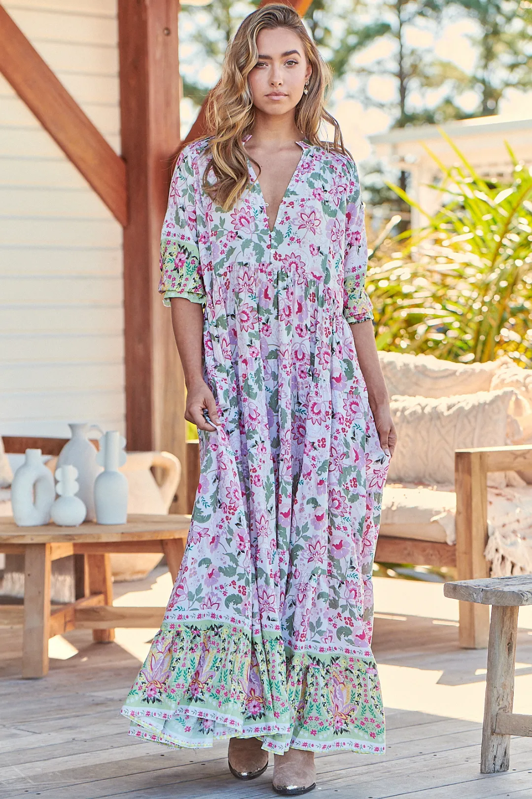 JAASE - Tillie Maxi Dress: Relaxed Tiered Dress with V Neckline in Sakura Print sold by Salty Crush