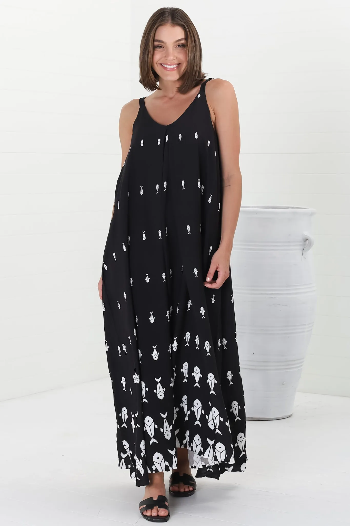 Rilley Maxi Dress - V Neck Adjustable Strap Dress with Matching Belt in Ariel Print Black sold by Salty Crush product image thumbnail 2